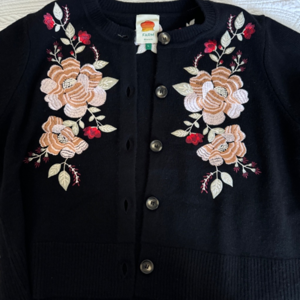FARM Rio Black Flowers Embroidered Buttoned Knit Cardigan - Picture 5 of 13